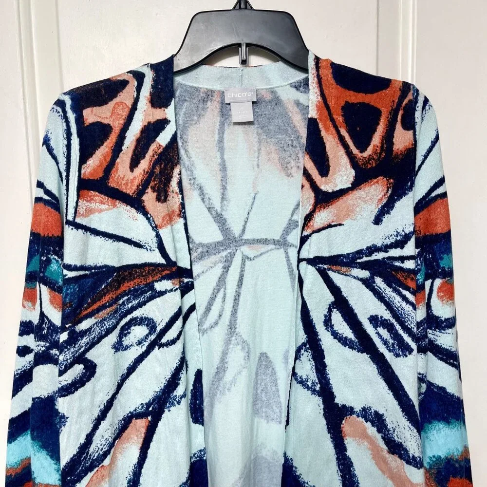 Chicos Open-Front Butterfly Print Long Cardigan Sweater S‎ - Picture 7 of 13